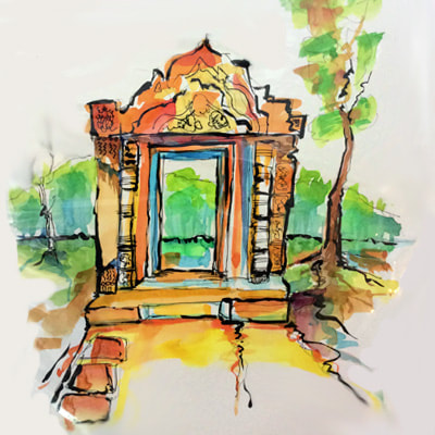 banteay srei temple, watercolour, glen, painting holidays, pen, ink,  
