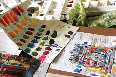 watercolour, swatches sample colours, colour matching, artists, dawing, painting, village house, 