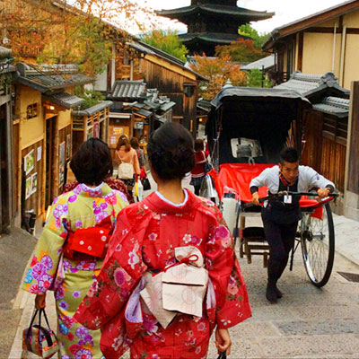 shopping laneway, kyoto, mountain, temples, kimono, rickshaw, 