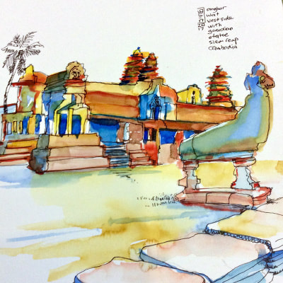 watercolour, pen and ink, angkor wat, glen painting holidays, 