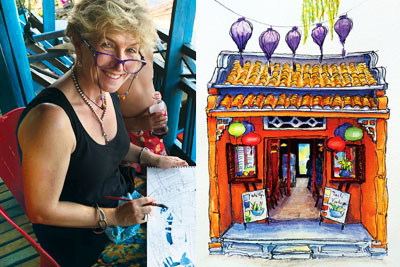 hoi an, cafe, cath shugg, painting, watercolours, drawing, vietnam,