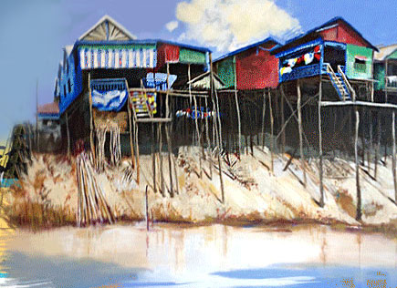 stilted village, kompong phlluk, siem reap, painting, 